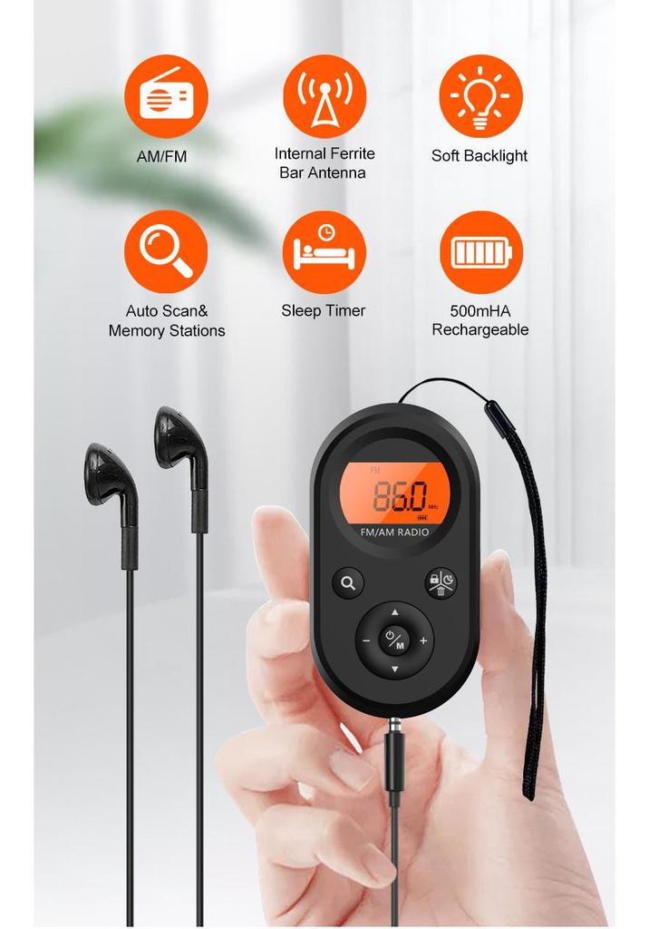 Portable Rechargeable FM/AM Mini Radio with Earphones - Pocket-Sized for Seniors, Meetings, or Running