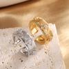 ZAKOL Elegant Four-leaf Flower Zircon Open Ring for Women Vintage Gold Color Couple Rings Luxury Zircon Gift