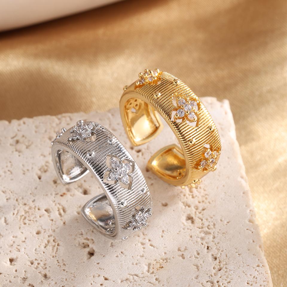 ZAKOL Elegant Four-leaf Flower Zircon Open Ring for Women Vintage Gold Color Couple Rings Luxury Zircon Gift