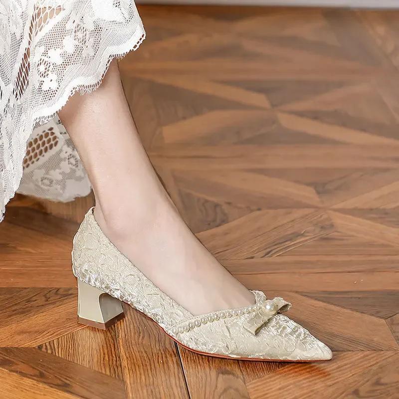 Fashion Single Shoes Women's Middle Heel Satin Pearl Bow Women's Shoes Spring 2025 New Light Mouth Pointed Thick Heel High Heels