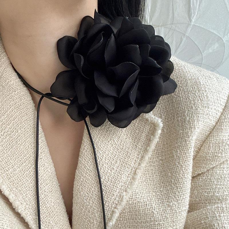 Vintage French Chic Black Flower Ribbon Choker Necklace