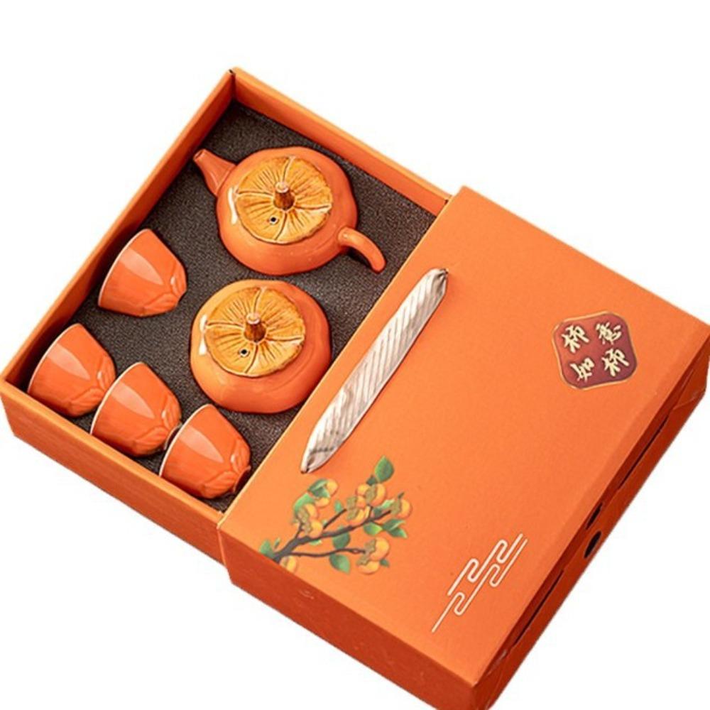 Creative Persimmon Tea Set Gift Box, a Complete Set of Ceramic Tea Cans, Active Gifts, Practical and High-end Souvenirs