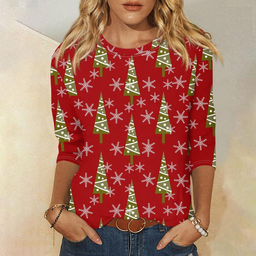 Christmas Limited Edition Women s 3D Red Christmas Tree Printed Round Neck Long Sleeve T-shirt Fashion Long Sleeve Top S