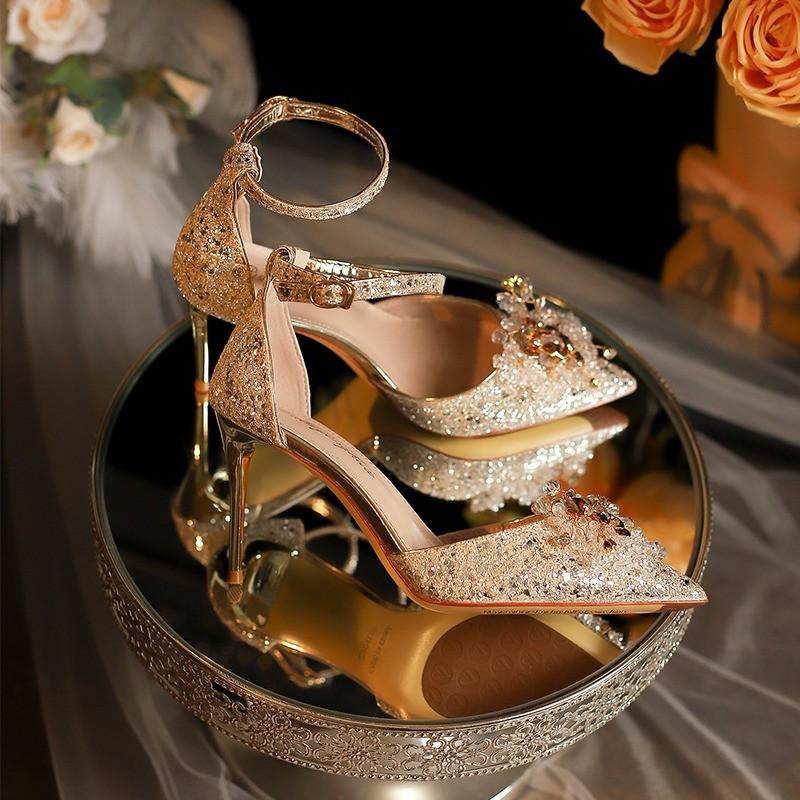 High heels women's summer 2025 new beautiful one-word strap with skirt wedding shoes pointed thin heel light mouth sandals women