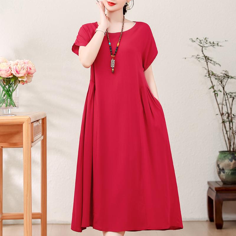 Elegantní dámské letní šaty velké velikosti Vintage oblečení Jednobarevné Krátký rukáv Volné Dlouhé šaty