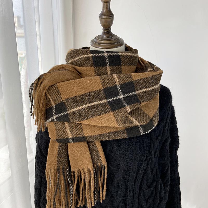 Plaid Scarf Women's New Autumn and Winter Fashion Imitation Cashmere Fringed Shawl Thickened Warm Scarf Windproof, Warm & Decorative, Casual Shawl