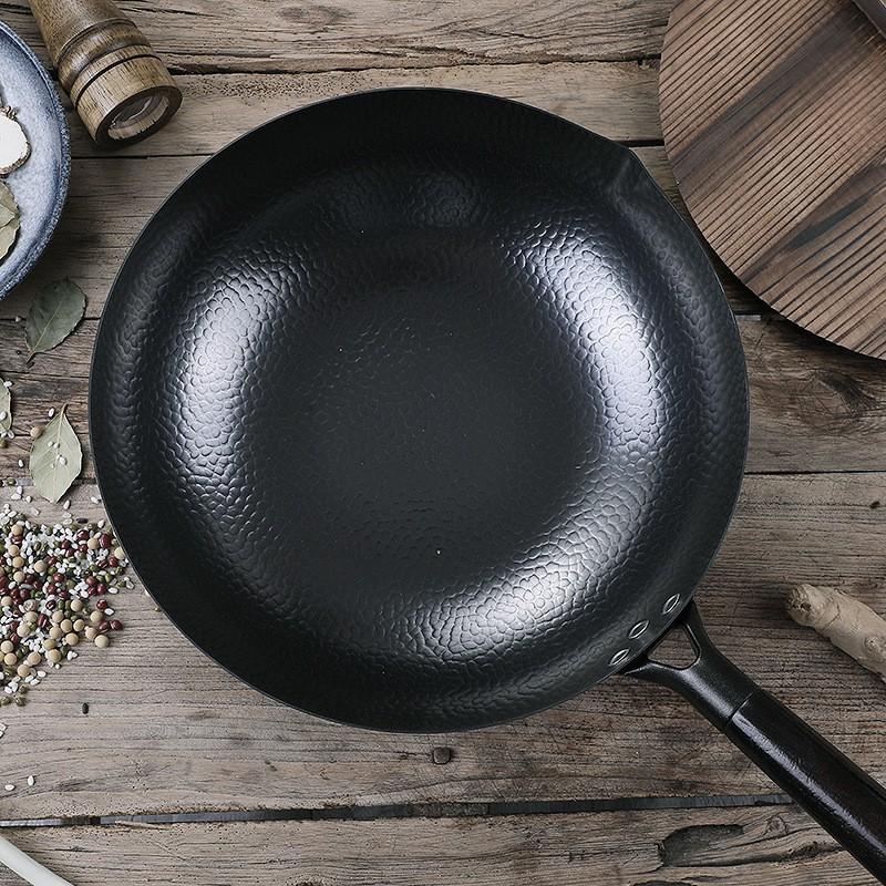 Handgesmeed Koolstofstaal Wok Pan 30/32/34cm Anti-aanbak Ongecoat Gietijzer Stijl Roerbak Gas Elektrisch Inductie