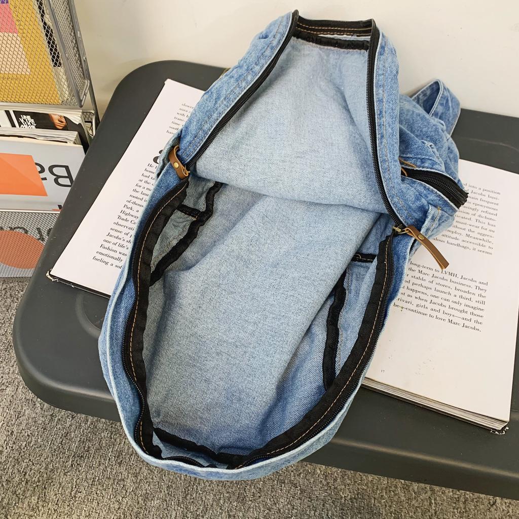 Fashion new fashion simple trend backpack large capacity durable denim bag university high school junior high school student bag