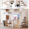 Loft bed, 140 x 200 cm, iron frame, storage compartment, 4 drawers, hanging grid, LED light strip, desk, storage staircase, without mattress, white