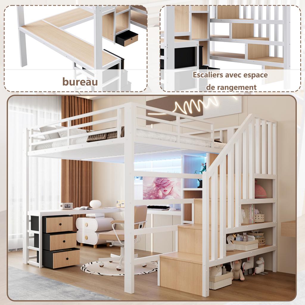 Loft bed, 140 x 200 cm, iron frame, storage compartment, 4 drawers, hanging grid, LED light strip, desk, storage staircase, without mattress, white