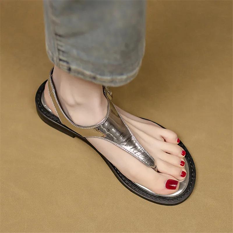 Fashion Summer Sandals Leather Women Shoes Round Toe Low Heel Sandals for Women Handmade Clip Toe Fashion Sandals and Slippers