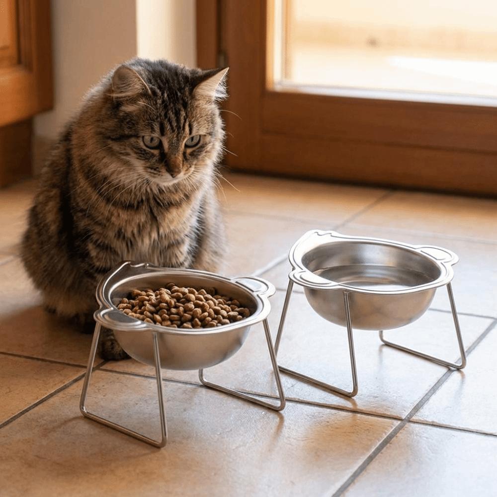 Monkey-shaped Raised Cat Bowls Stainless Steel Pet Feeder Container Wet Dry Food