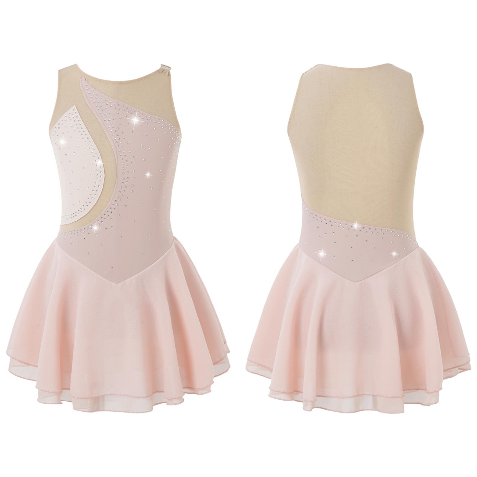 Yeahdor Kinderen Meisjes Figuur Schaatsen Turnpakje Jurk Mesh Splice Rolschaatsen Dansvoorstelling Kostuum 5-6 Years roze