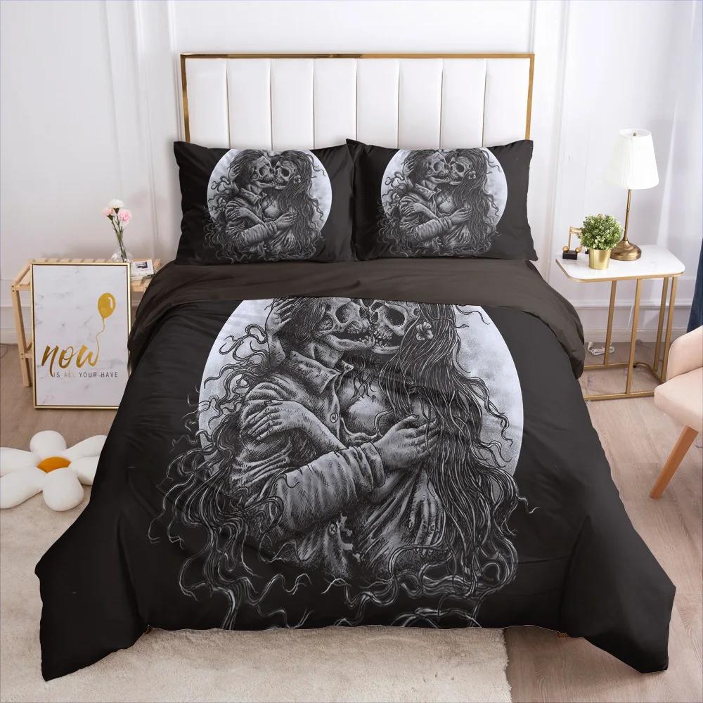 Comforter Gothic Comforter Sets Print Halloween Skull King Black White Decorative 3 Piece Bedding Set With Pillow Shams