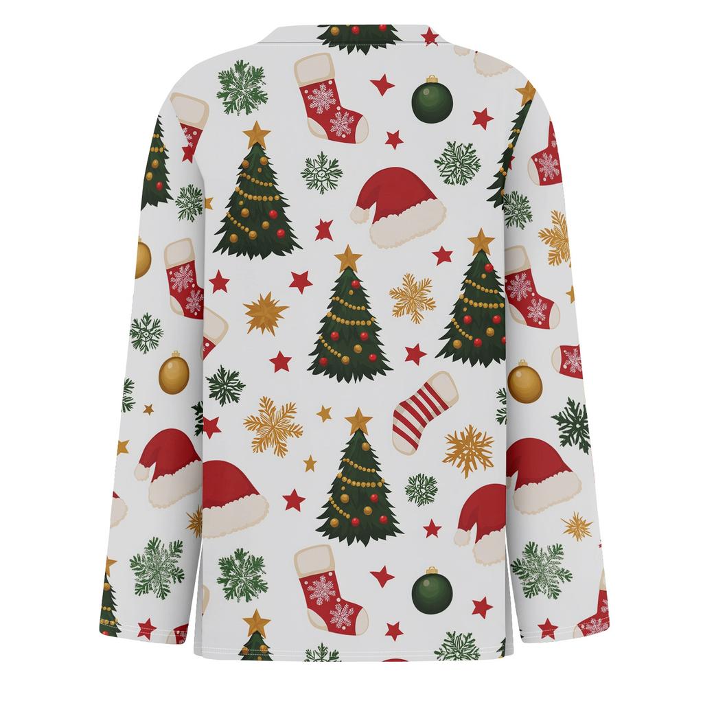 Women's Christmas Tree Print Long Sleeve Neck Top with Side Slit for Holiday Party