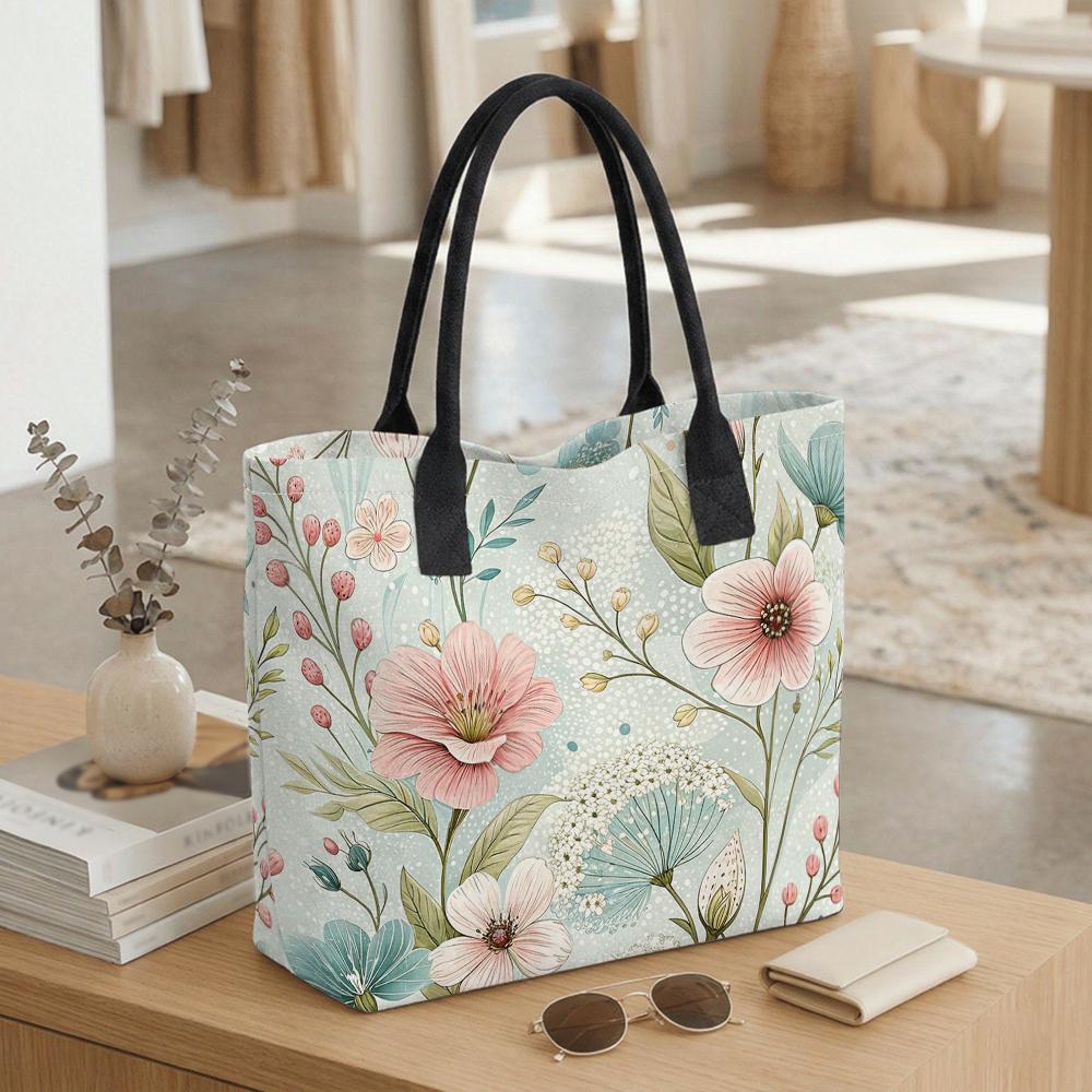  Floral Print Canvas Tote Bag Casual Large Capacity Handbag for Daily Use