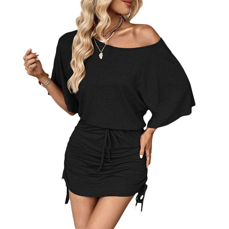 New casual dating party simple versatile pleated bat sleeve solid color dress