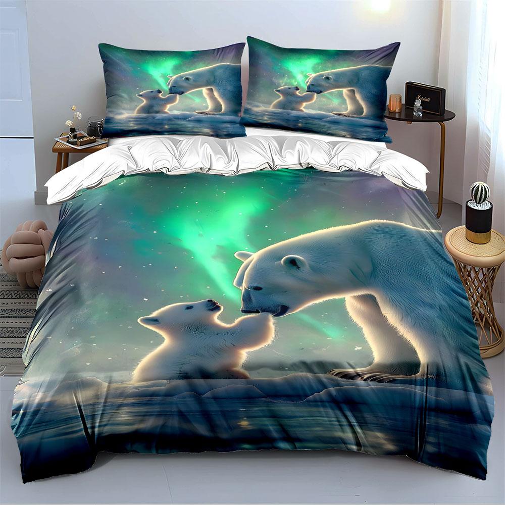 Polar Bears with Northern Lights Bedding Duvet Cover Set (1*Duvet Cover 2*Pillowcases, without duvet insert)