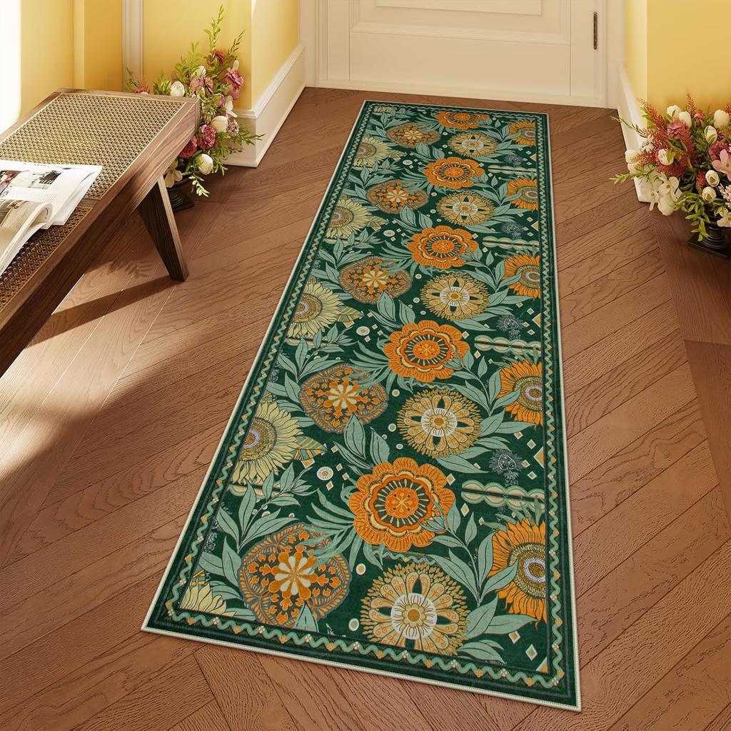 Vintage Floral Pattern Runner Rug Plant Decor Hallway Long Carpet Absorbent Anti-slip Door Mat for Bedroom Entryway Bathroom
