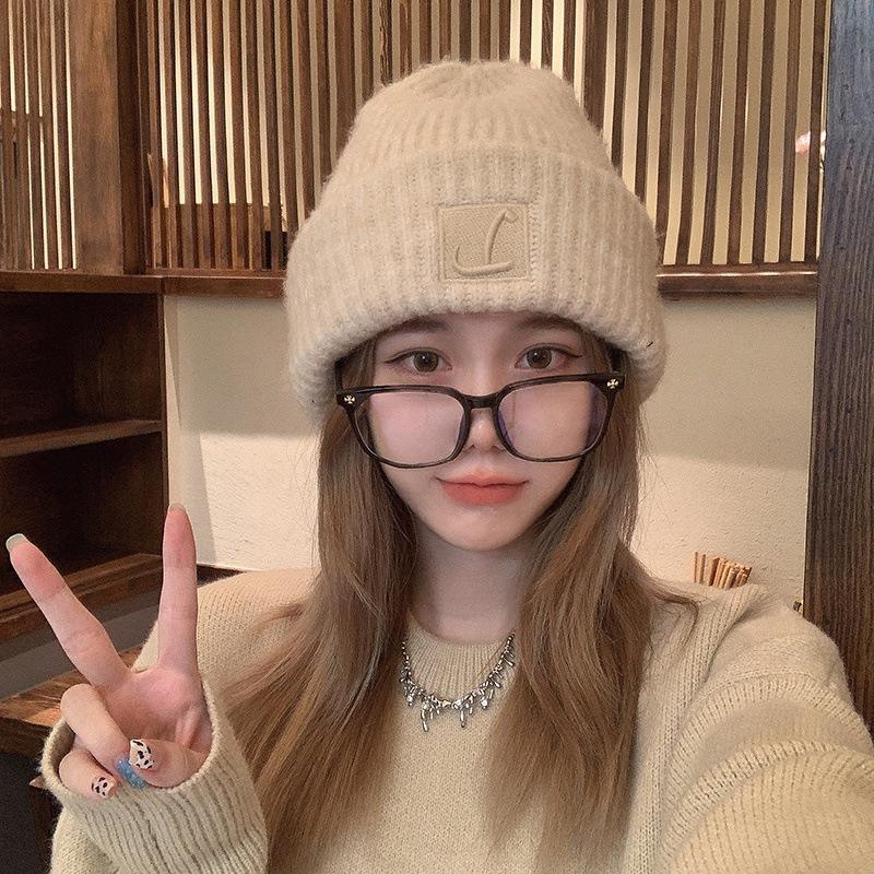 Big head circumference thick wool hat women's autumn and winter loose warm pile cold hat big face small knitted ear hat
