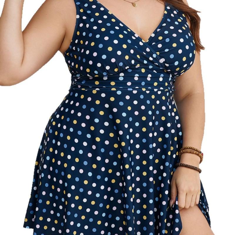 Plus Size Womens Modest High-Waisted One-Piece Swimsuit With Polka Dot Print Quick-Dry Elastic Fabric