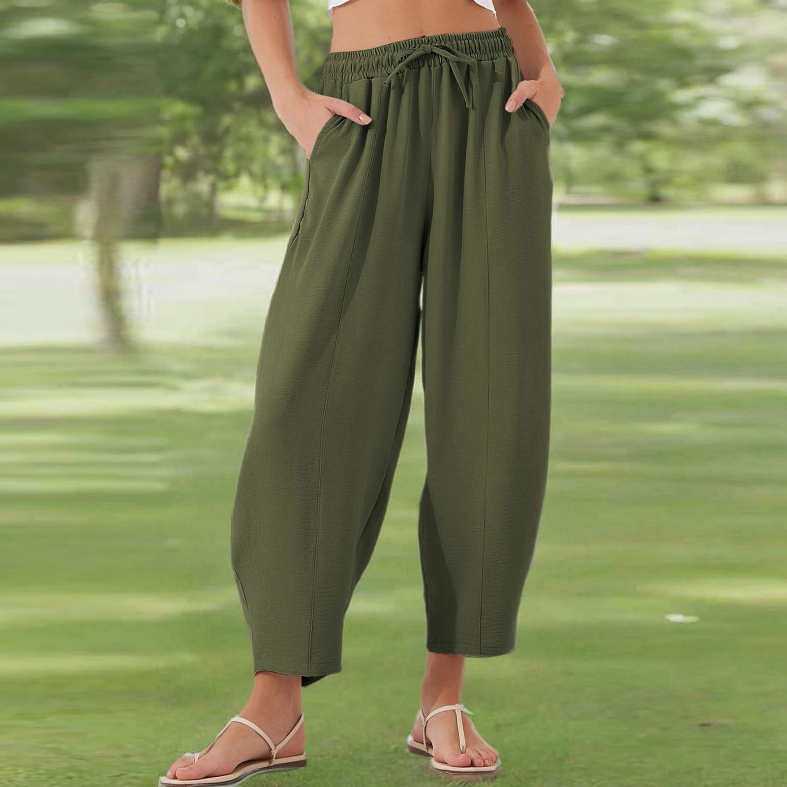 

Pants For Women Casual Summer Elastic Waist Loose Lightweight Drawstring Trousers With Pockets XXL