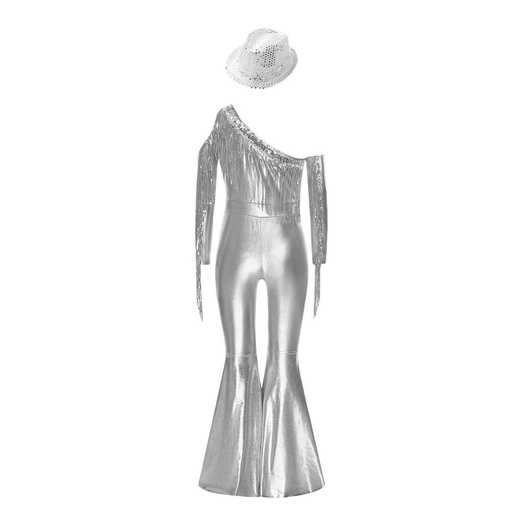 Girls Off Shoulder Jumpsuit Long Sleeve Sequin Tassel Detail Slit Bell Bottom Metallic Romper Hat Included