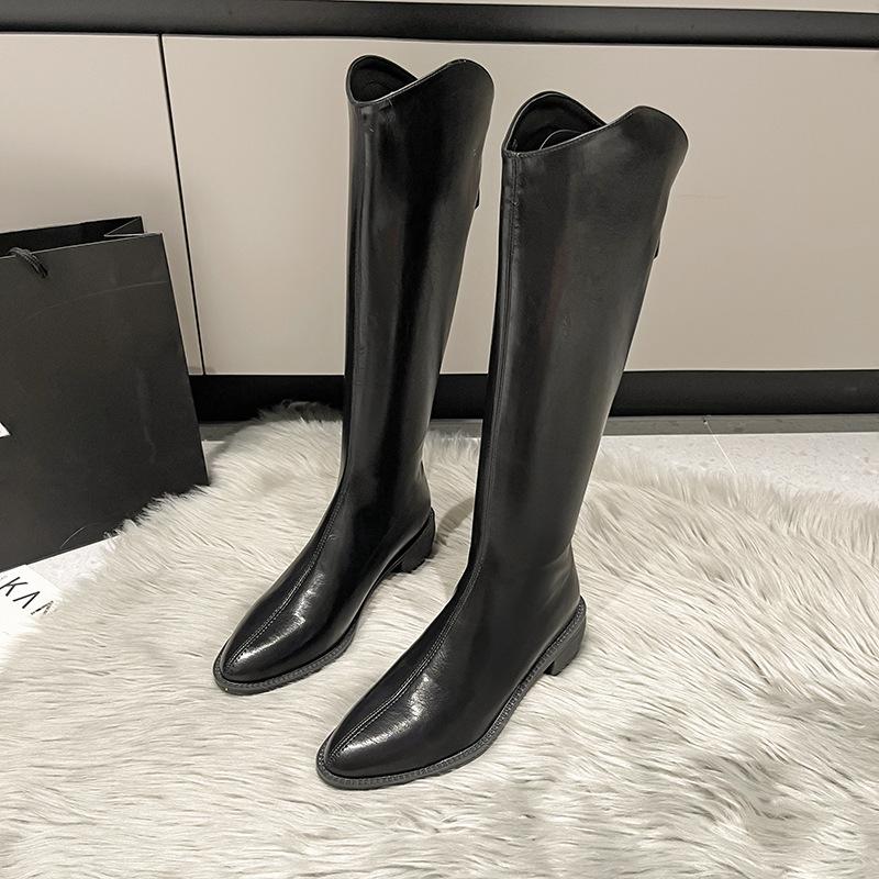 Black Pointed Toe Ladies Knee High Shaft Shoes Waterproof Women's Long Boots