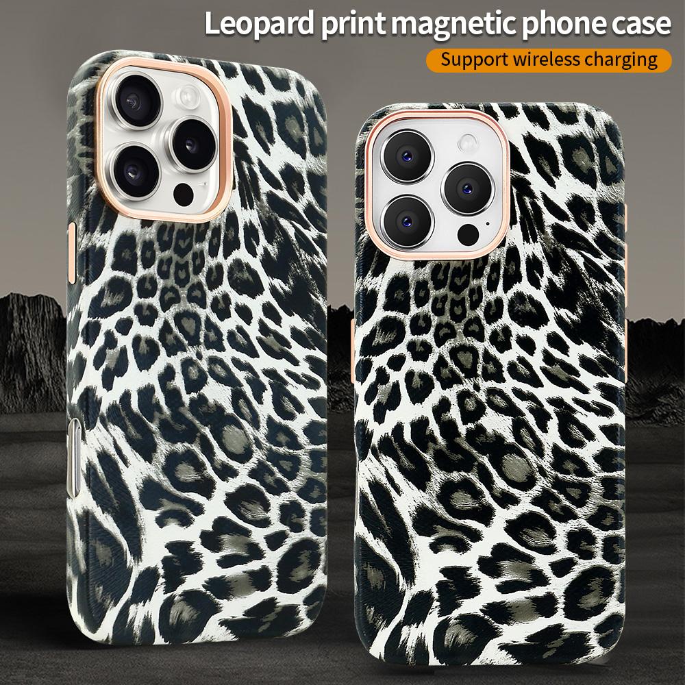 VIETAO Leopardenmuster PU-Leder Magnetische Kabellose Ladefunktion Handyhülle Für iPhone 16 15 Pro Max, 15 pro 16 pro Hülle, Schwarz