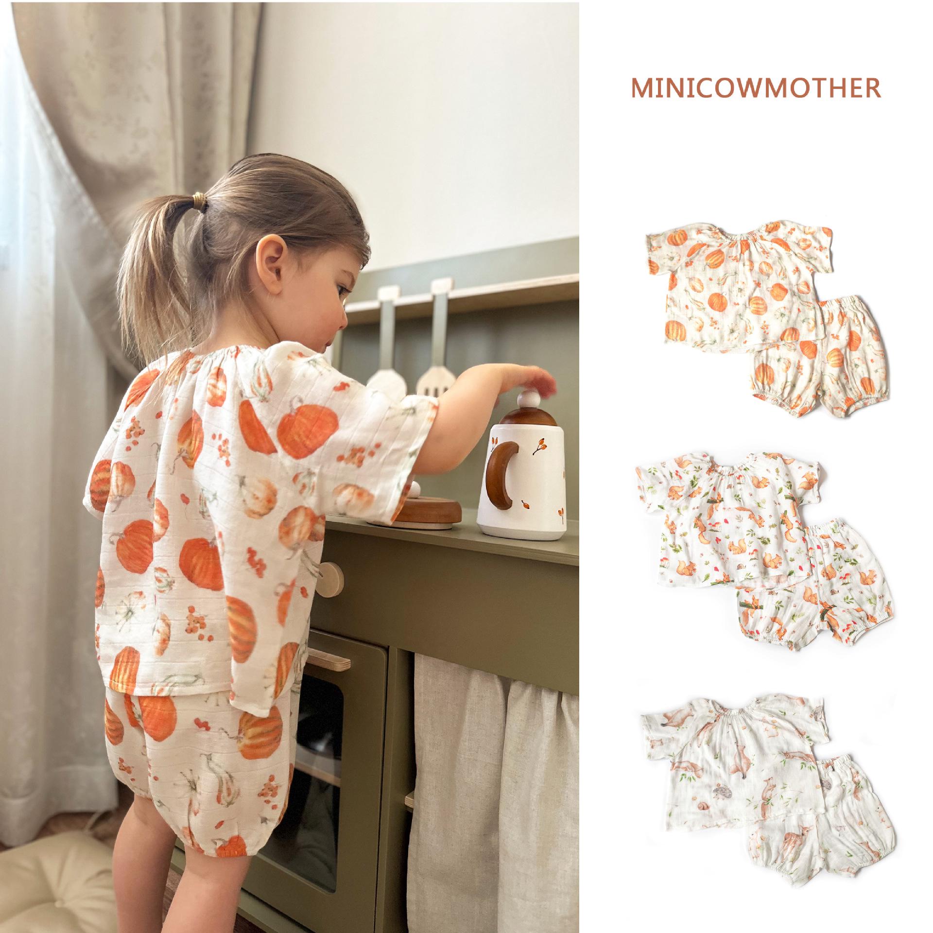 

Bamboo Fiber Breathable Girls Summer Pajama Set - Short Sleeve, Casual Gauze Wear for Kids 100 cm