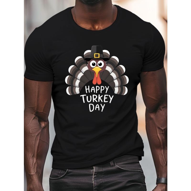 European Size Big & Tall Men's 'Happy Turkey Day' Graphic Tee - Casual Short Sleeve T-Shirt for Summer, Breathable Cotton, Machine Washable, PLUS SIZE