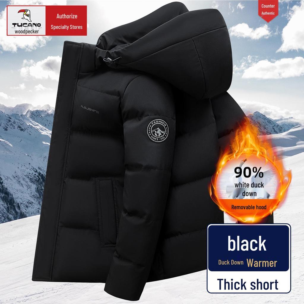 Męska zimowa kurtka puchowa Woodpecker o średniej długości - Pogrubiona, ciepła odzież wierzchnia dla osób w średnim wieku i starszych