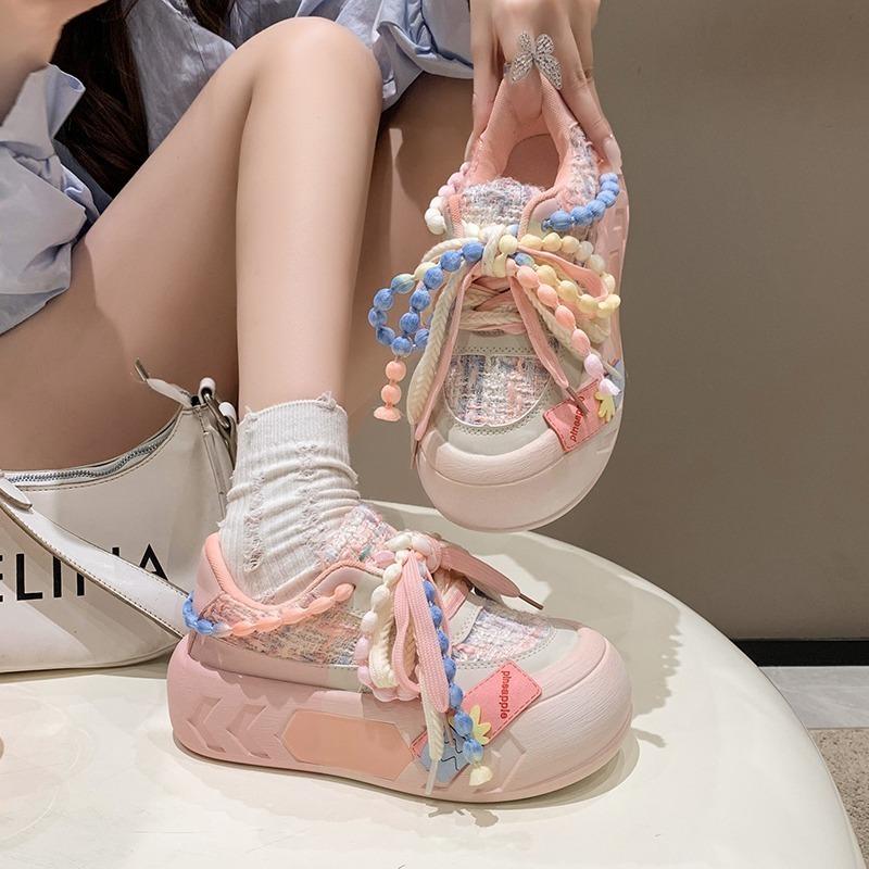 5CM Ladies Shoes on Sale Fashion Kawaii Round Toe Lace Up Women's Vulcanized Shoes Spring Flat Outdoor Breathable Women Sneakers
