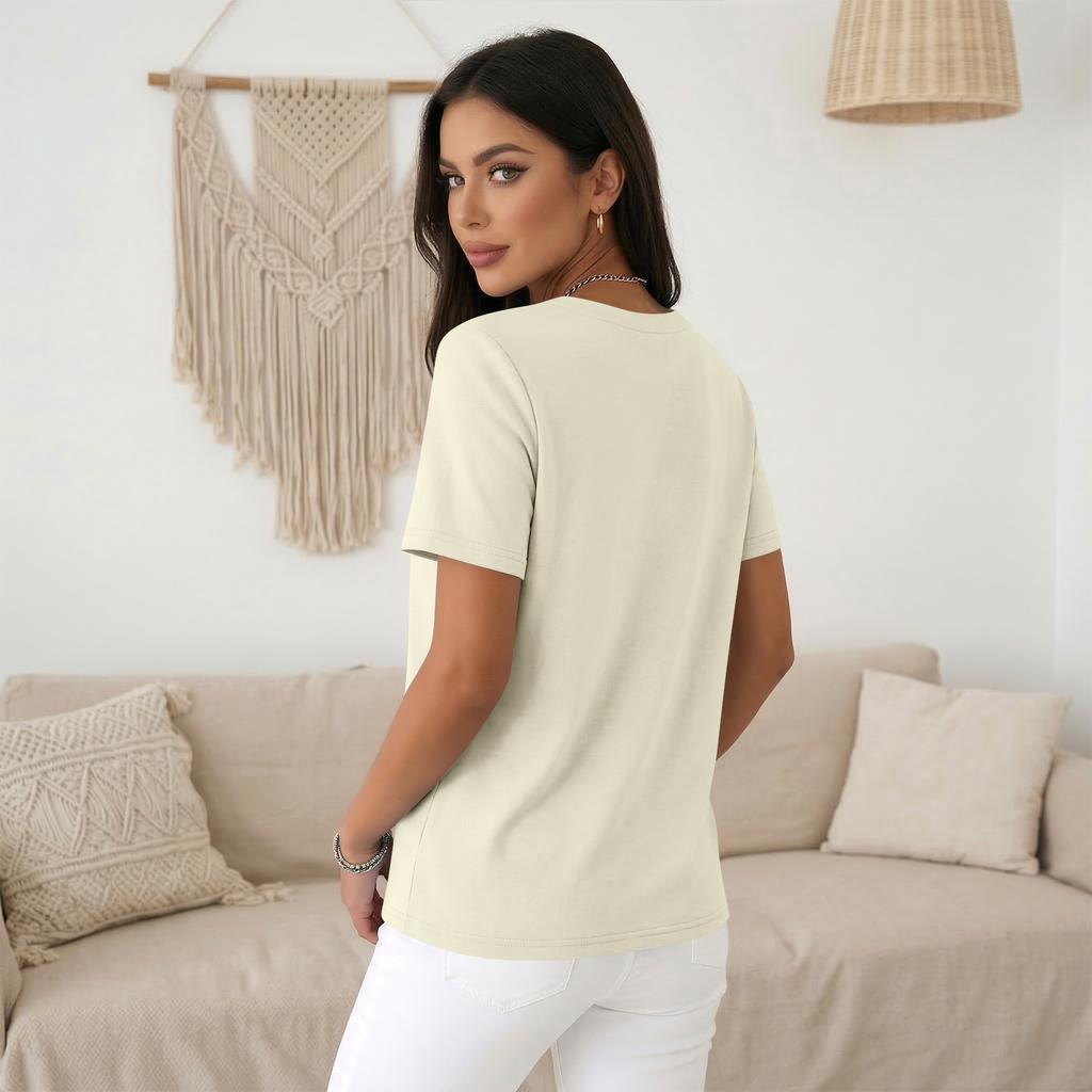 Women's Casual Color V-neck Short-sleeved T-shirt With Decorative Buttons.