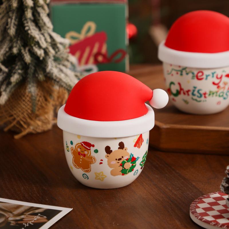 High-value cute creative water cup Christmas hat cup Girls ceramic mug Office coffee cup with lid gift