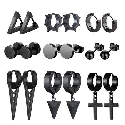 1 Pair Punk Black-color Multiple Styles Stainless Steel Stud Earrings For Men and Women Street Pop Hip Hop Gothic Ear Jewelry