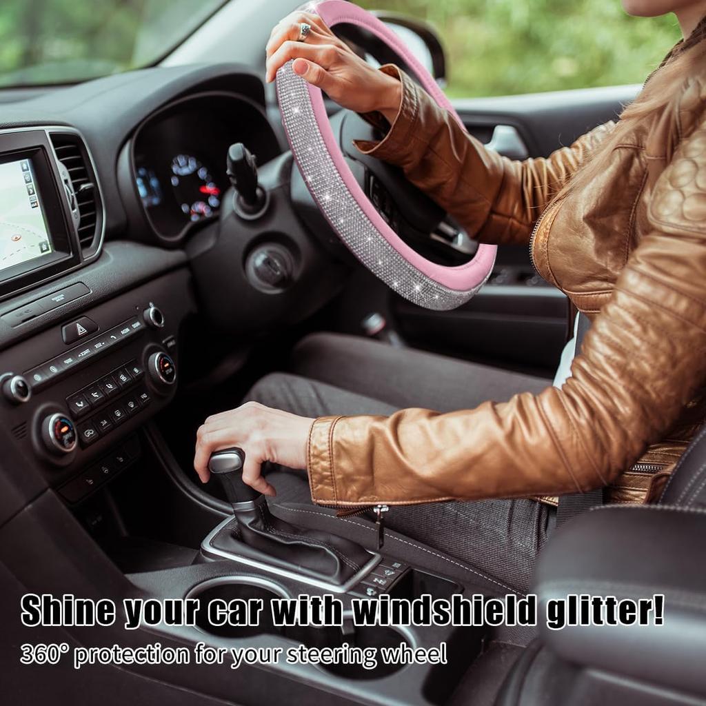 Ziciner Steering Wheel Cover, Bling Crystal Rhinestones Auto Wheel Protector, Sparkly Cover Universal Fit Diverse 14.5-15 Inch Steering Wheel,