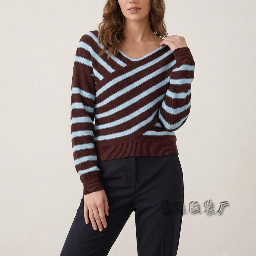 2026 autumn and winter new contrasting color off-the-shoulder casual European and American sweaters women's versatile striped knitted sweaters women's