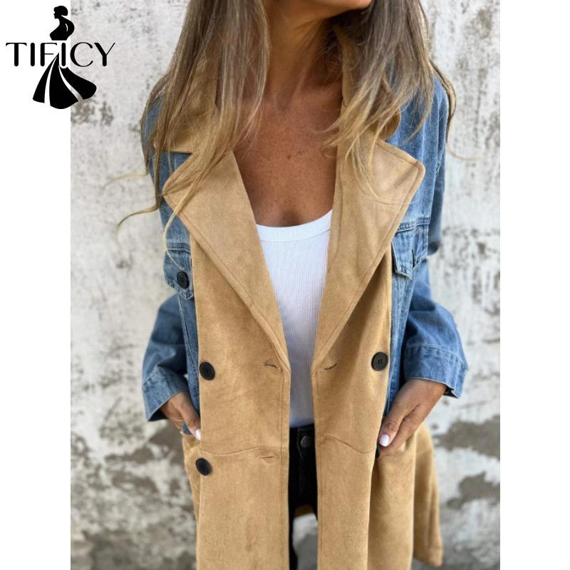 TIFICY Women's Fashion Casual Colour Block Print Autumn Winter Long Sleeve POLO Neck Jackets & Coats