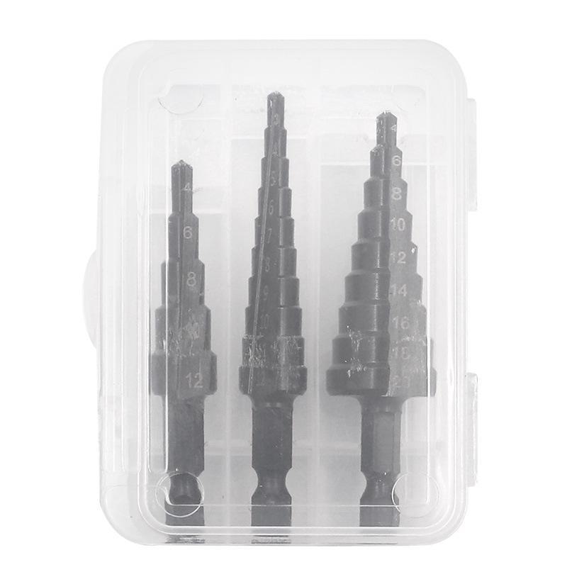 High-Speed Steel Step Drill Set with Nitrided Black Hexagonal Handle, Straight Groove, 3-12mm, 4-12mm, 4-20mm Sizes - Pagoda Drill Opener