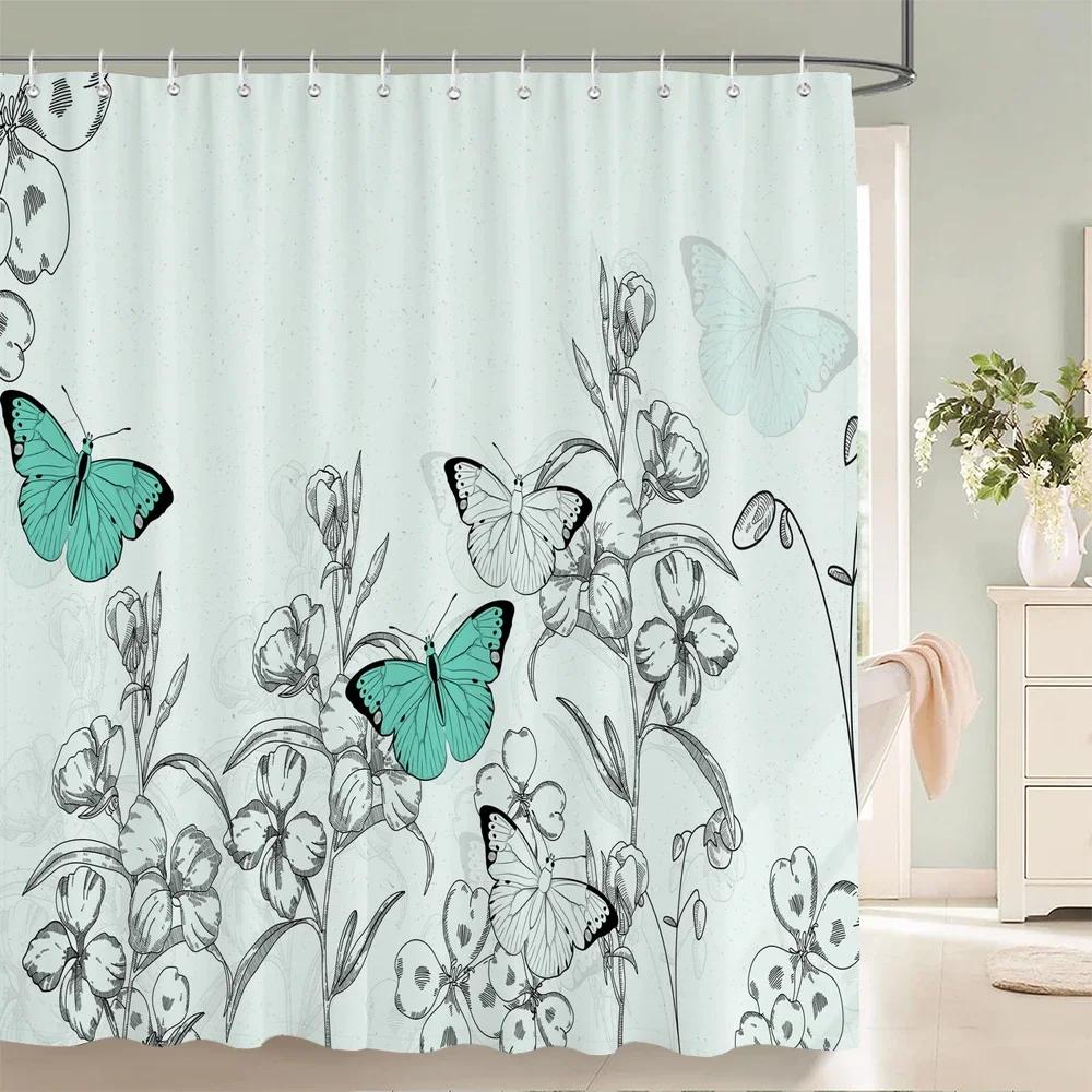 

Beautiful Flowers Shower Curtain Bathroom Waterproof Shower Curtain Birds Butterfly Printing Curtains For Bath Shower With Hooks W60H190(CM)-1 Pcs