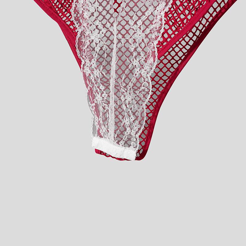 Men Long Sleeve Lace Patchwork Mesh See Through Party Bodysuits Jumpsuits Home Wear