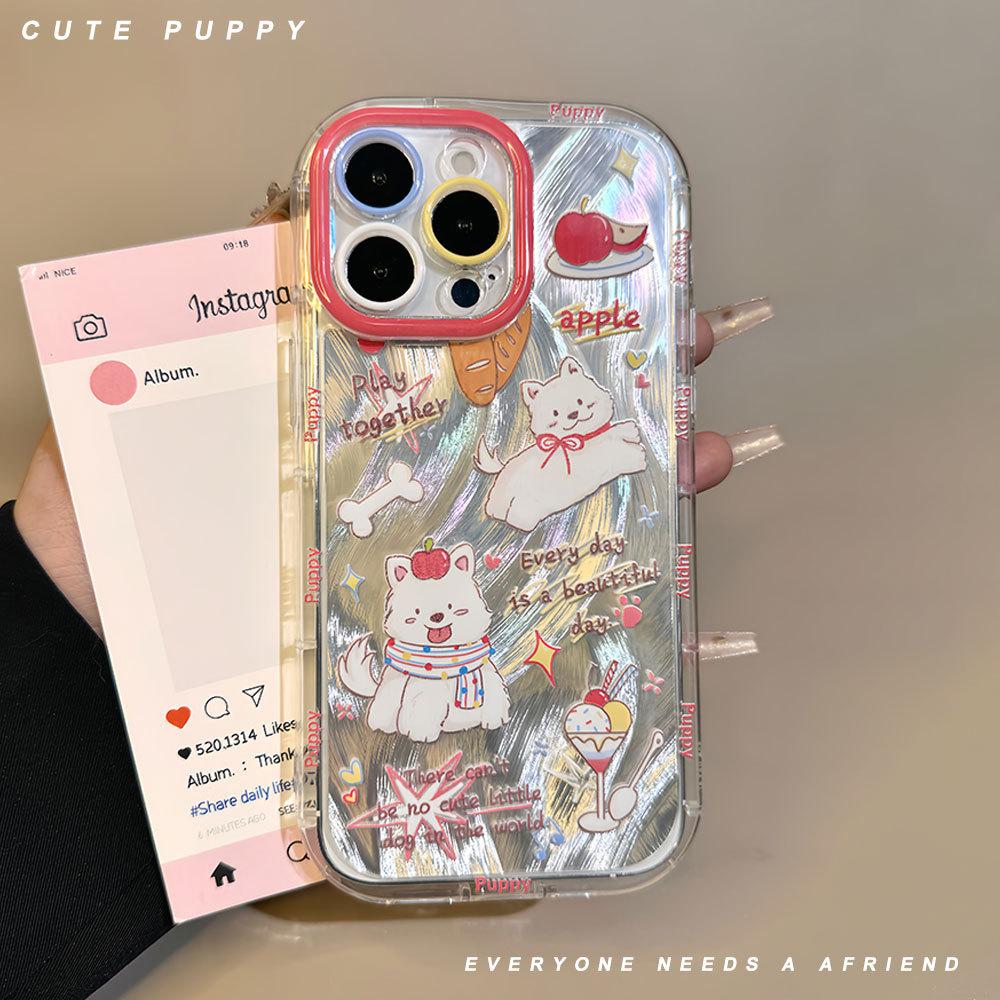 Suitable for Apple 15 Cartoon Cute Puppy Case, IPhone 16 Color Lens 13 Anti Drop Feather Gauze Phone Case