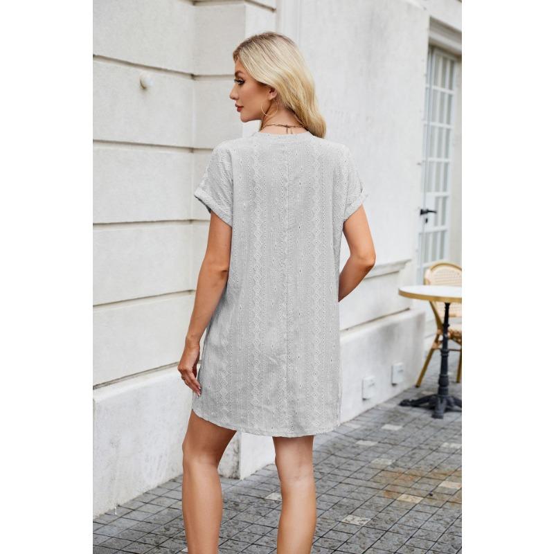 YYFS Women's Fashion Summer Spring Solid Color Print Short Sleeve O-Neck Loose Waistline Casual Dresses