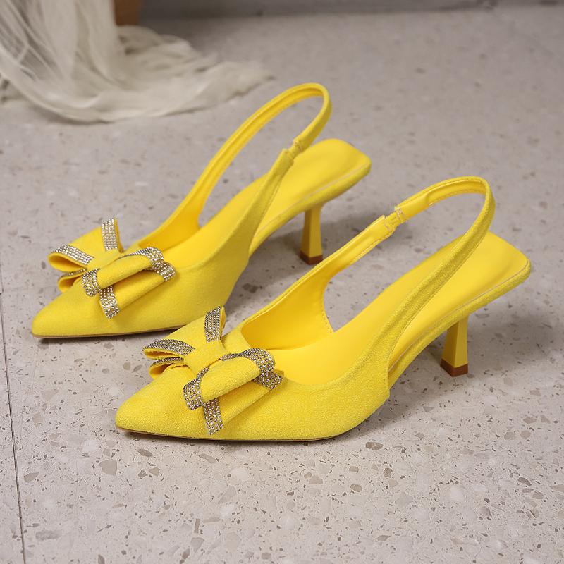 Women's High Heels with Bow Fine Heel Pointed Point, Shallow Mouth Straight Buckle Sandals Summer Fashion Women's High Heels