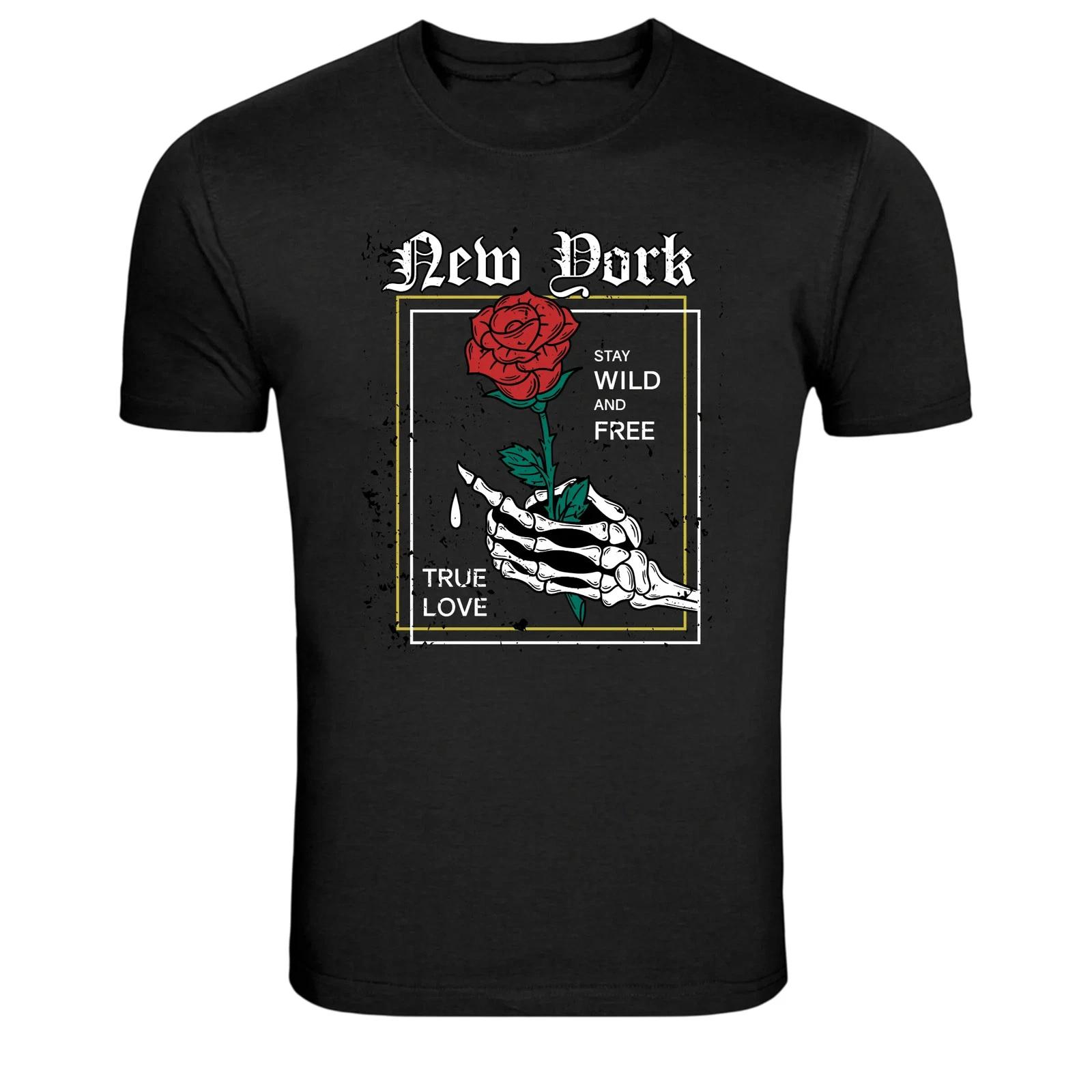 New York Skeleton Hand Rose Tattoo Style Graphic T-Shirt S