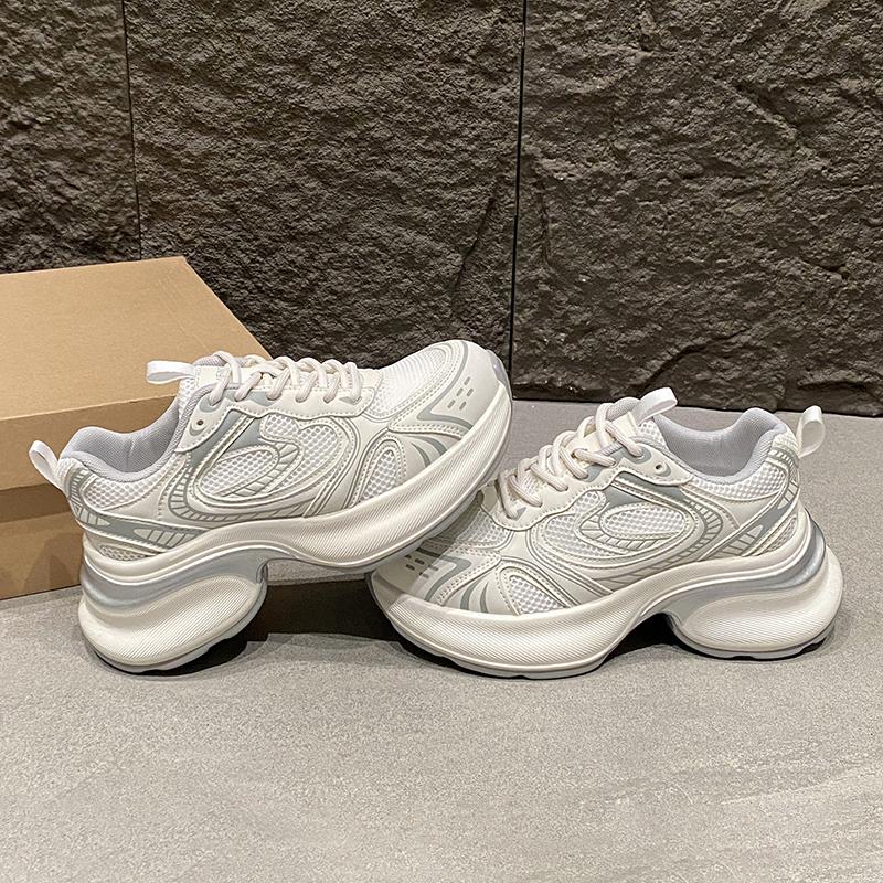 Fashion Sneakers Women Mesh Mixed Gray Round Toe Lace-up Thick Sole 2024 Spring Breathable Female Shoes Handmade