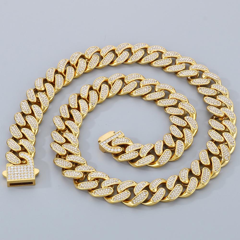 Hip-Hop Heavy Cuban Link Chain Set Man Bracelet Necklace Luxury Gold Color Stainless Steel & Full CZ Men's Necklace & Bracelets Sets