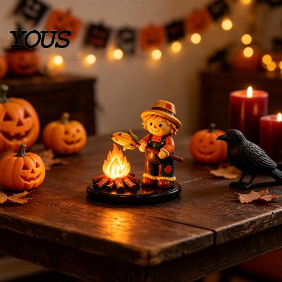 Cute Resin Spooky Decor Halloween Campfire Tealight Holder, Matte Ghost Mummy Scarecrow Figurine, Stable Niche Handmade Art Round Base Table