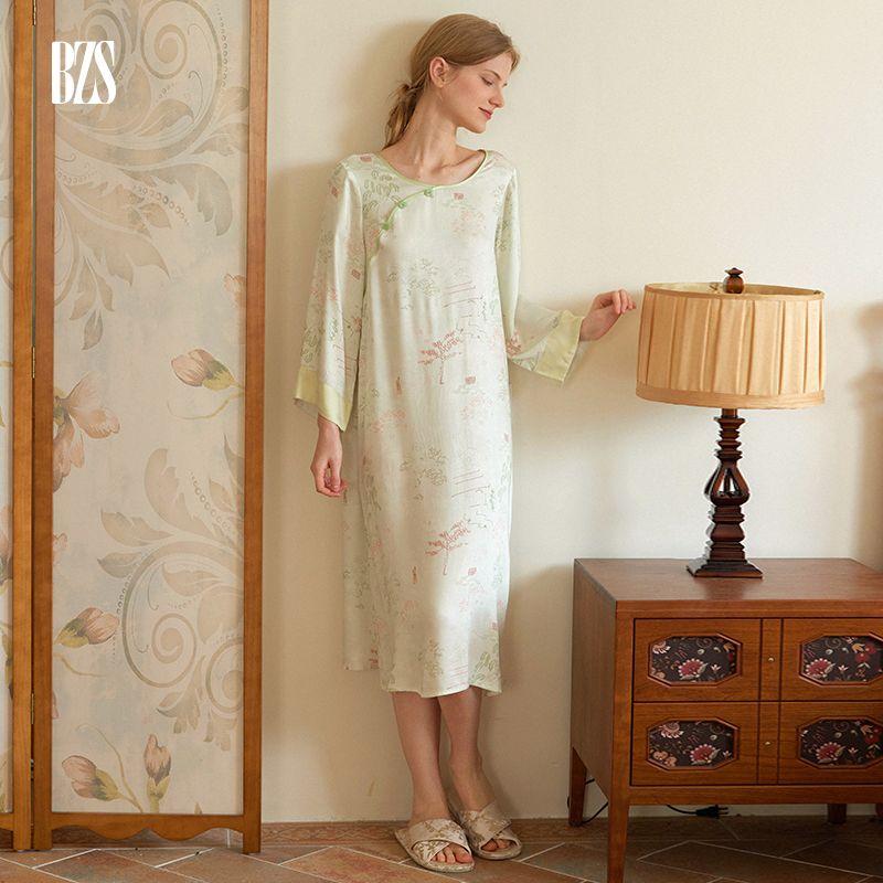 

2024 Summer Rayon Satin New Chinese Retro Style Pagoda Print Elegant Women s Outwear Long Sleeves Nightdress Pagoda-Green XL [recommend 67.50 kg-77.50 kg]]
